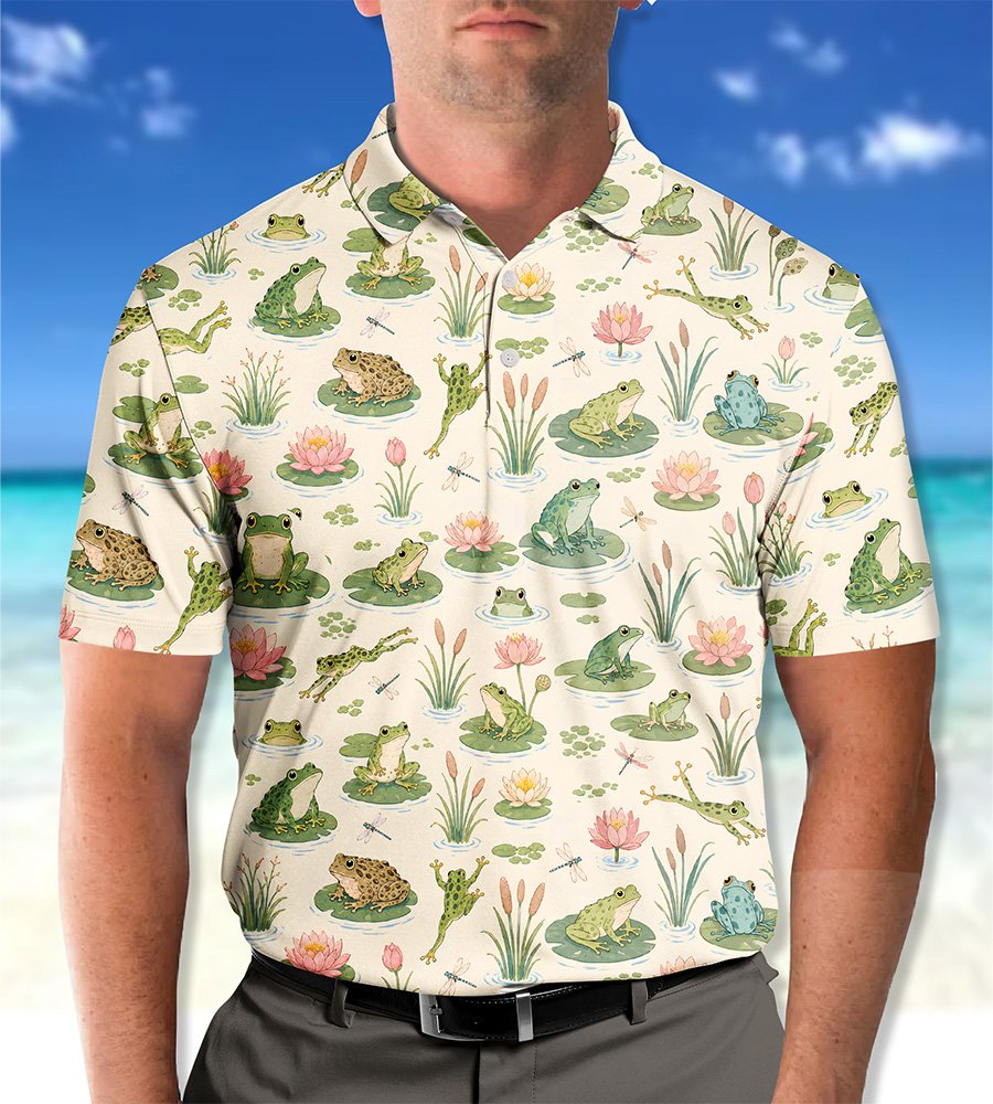 Lifestyle image of someone wearing the frogs and lily pads polo shirt