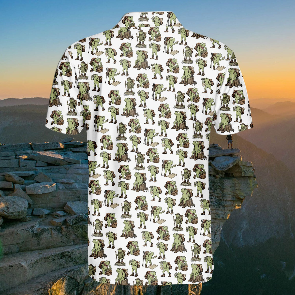 Back view of the frogs hiking polo shirt on a white background