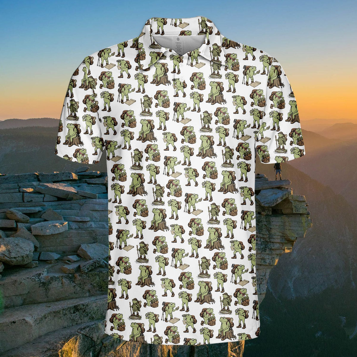 Frogs hiking polo shirt front view showing collar and button details