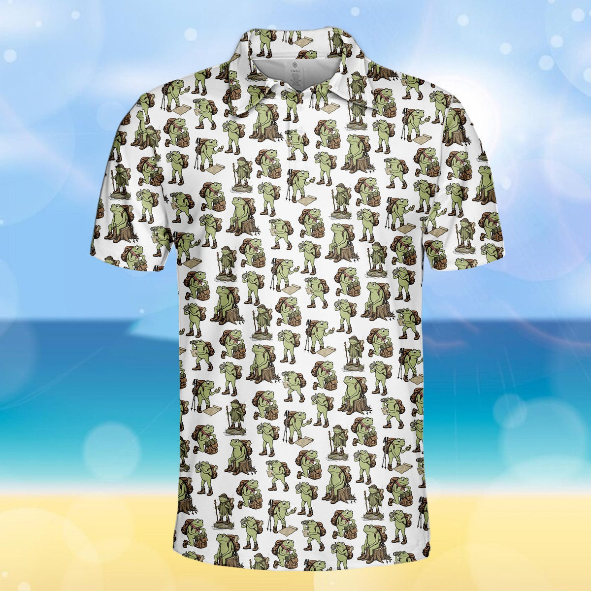 Close up front view of the frogs hiking polo shirt pattern