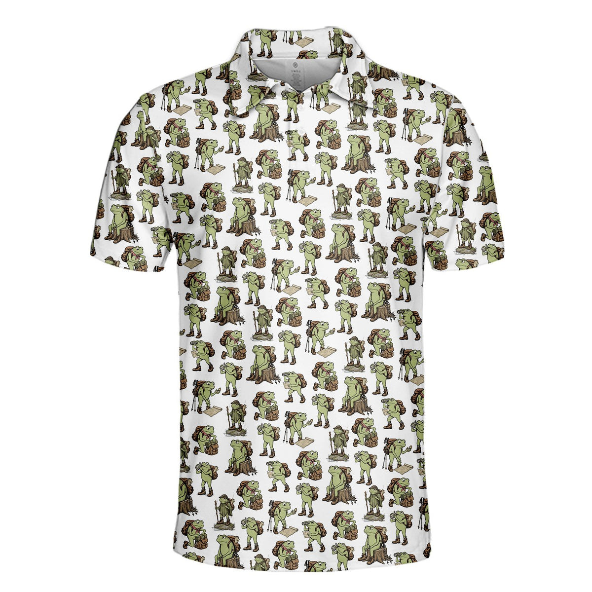 Front detail view of the frogs hiking polo shirt on white background