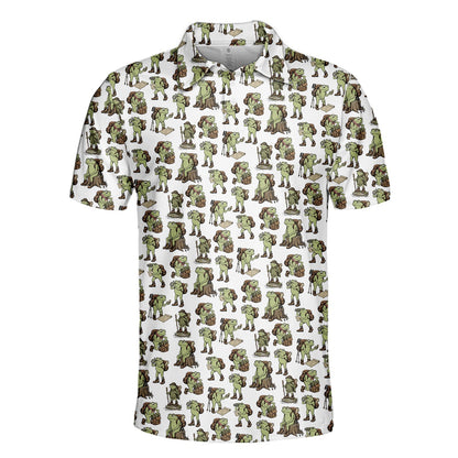 Front detail view of the frogs hiking polo shirt on white background