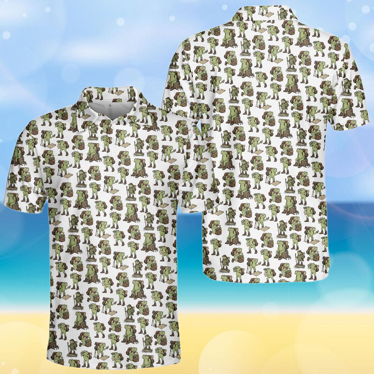 Front view of the white frogs polo shirt design