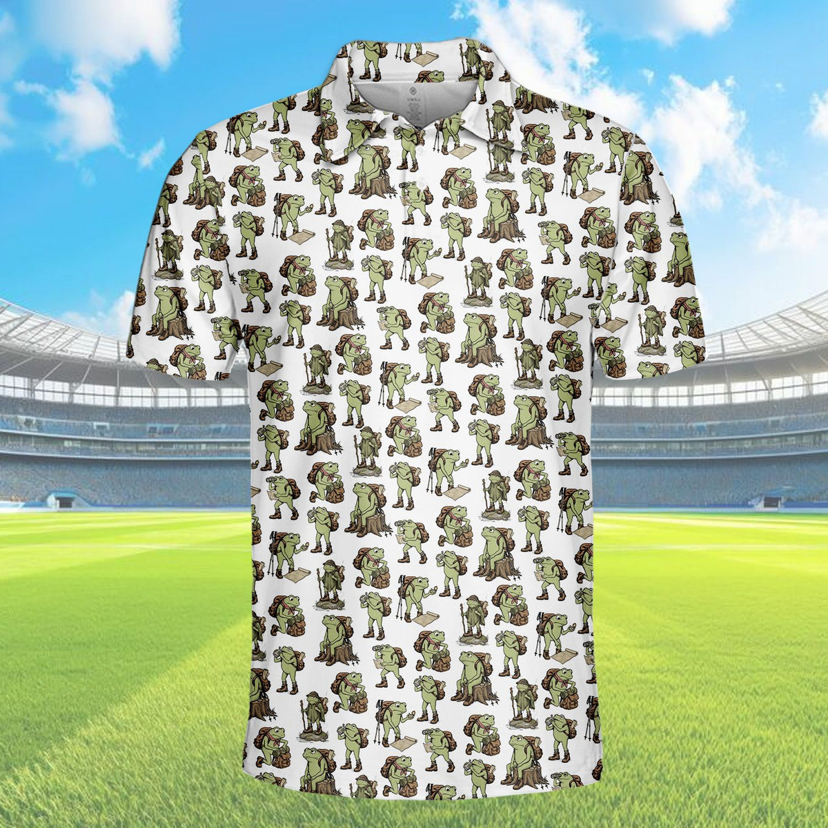 Frogs hiking polo shirt featuring an all-over cartoon print on a white background, main front view