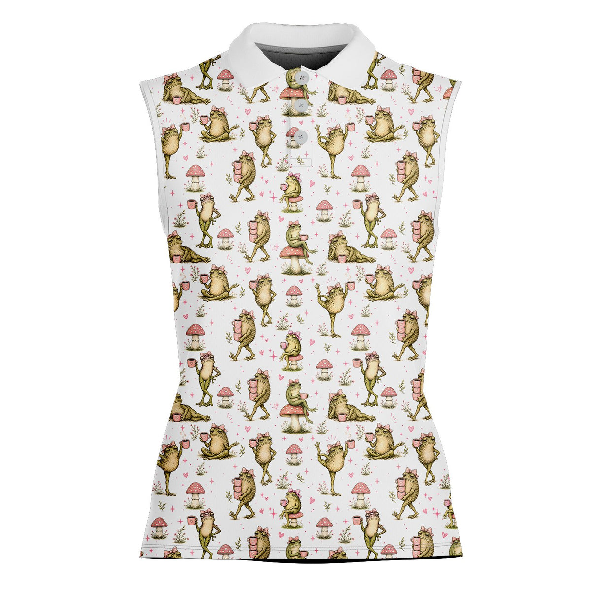 White frogs polo shirt with pink mushrooms and hearts, alternate front view