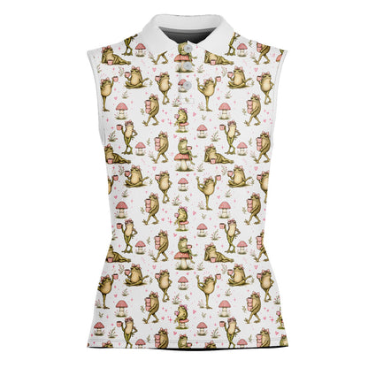 White frogs polo shirt with pink mushrooms and hearts, alternate front view