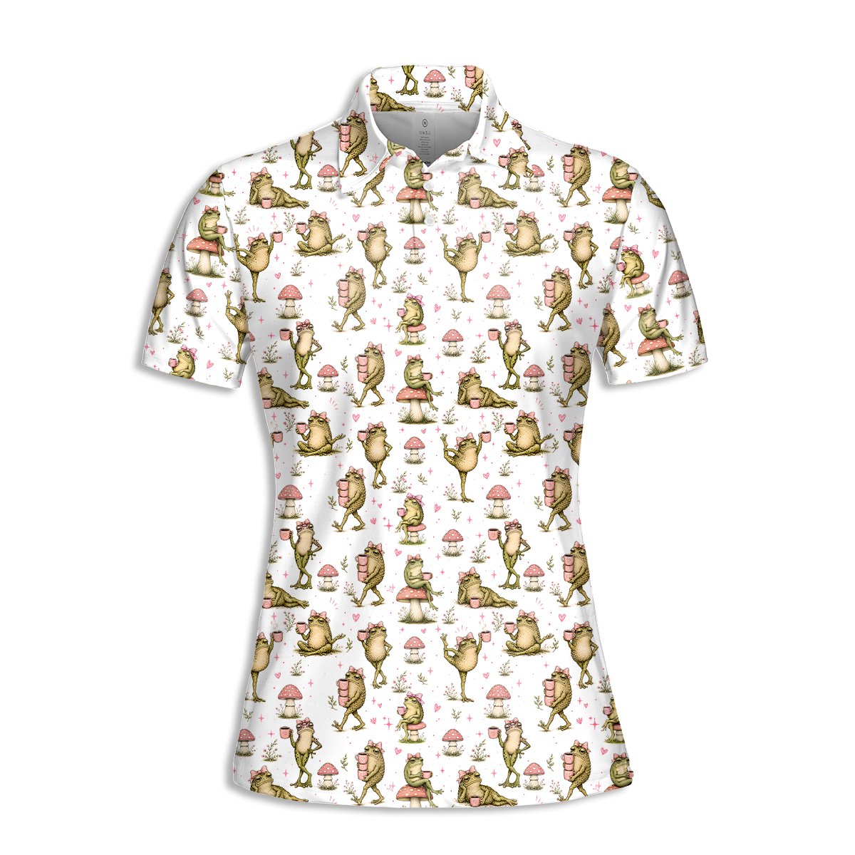 White frogs polo shirt with pink mushrooms and hearts, flat front view