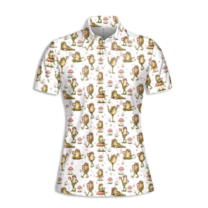 White frogs polo shirt with pink mushrooms and hearts, flat front view