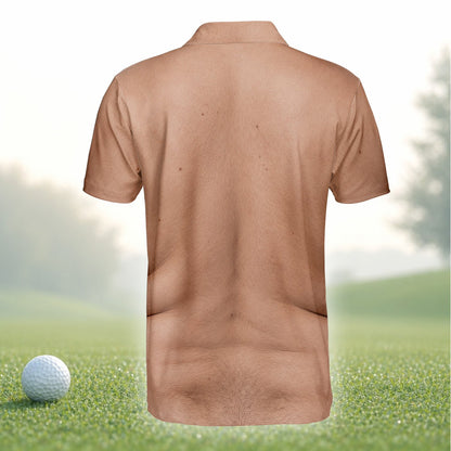 Close up of hairy back design on novelty polo shirt