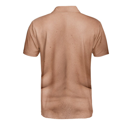 Back view of realistic hairy chest print polo shirt