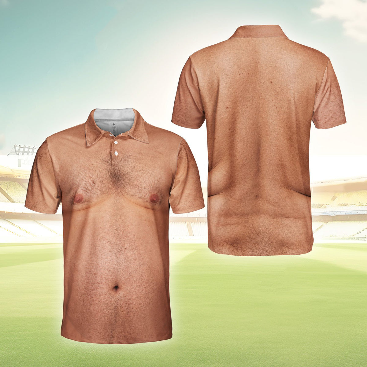 Close up of realistic hairy chest print on funny polo shirt