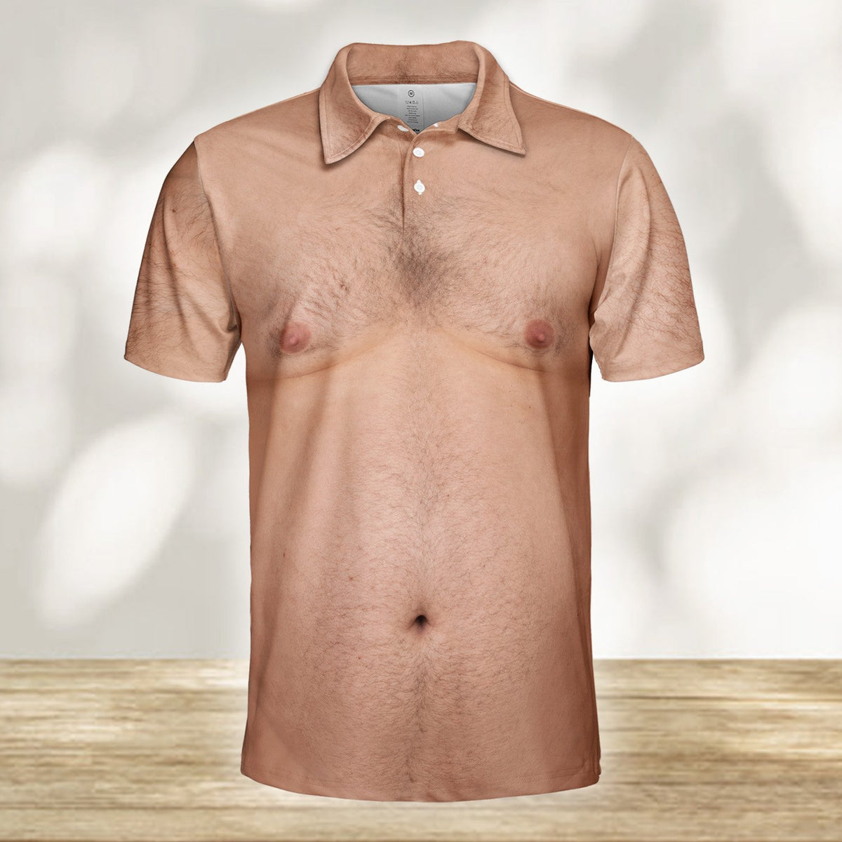 Angled view of the realistic hairy torso polo shirt