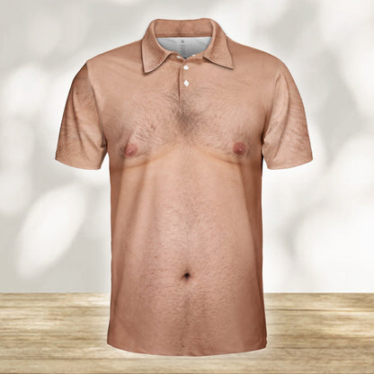 Angled view of the realistic hairy torso polo shirt