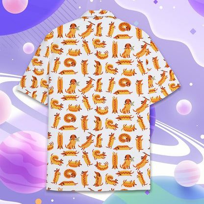 White funny polo shirt with repeating cartoon dachshund and hot dog pattern, back view alternative