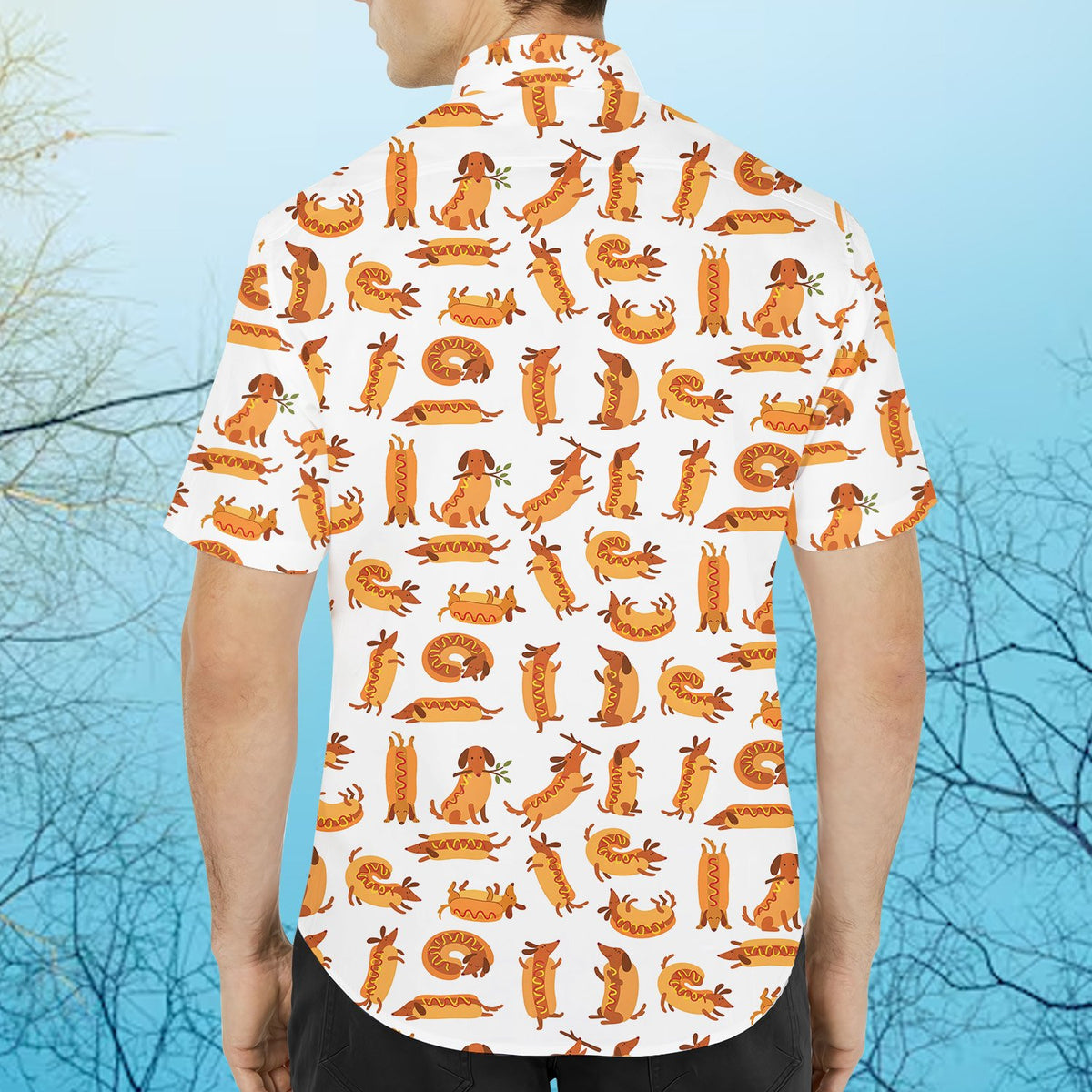 White funny polo shirt with repeating cartoon dachshund and hot dog pattern, back view folded
