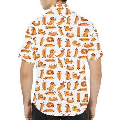 White funny polo shirt with repeating cartoon dachshund and hot dog pattern, back view detailed