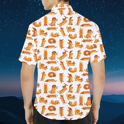White funny polo shirt with repeating cartoon dachshund and hot dog pattern, back view