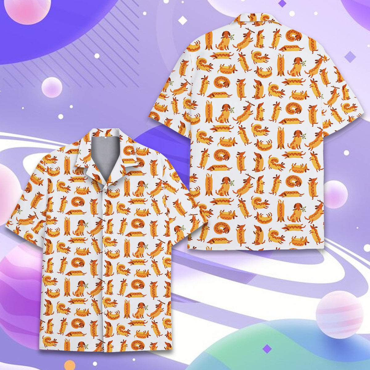 White funny polo shirt with repeating cartoon dachshund and hot dog pattern, front view alternative