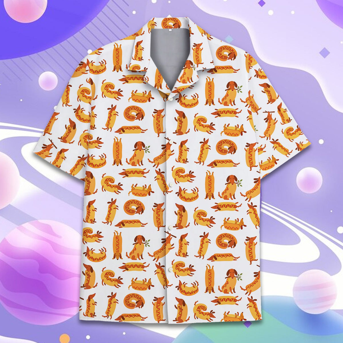 White funny polo shirt with repeating cartoon dachshund and hot dog pattern, front view folded