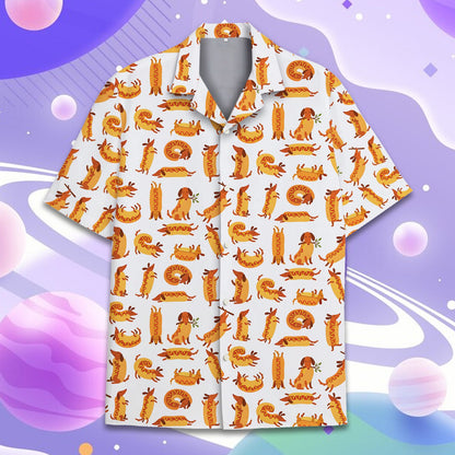 White funny polo shirt with repeating cartoon dachshund and hot dog pattern, front view folded