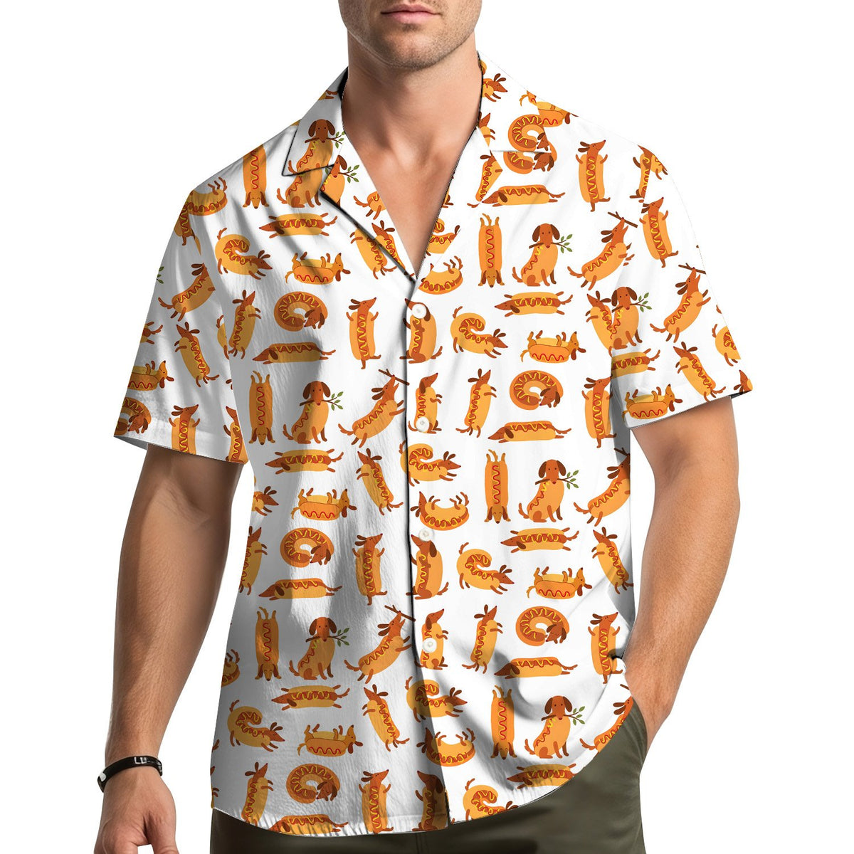 White funny polo shirt with repeating cartoon dachshund and hot dog pattern, front view close-up