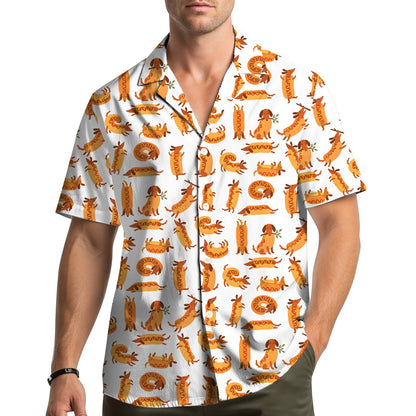 White funny polo shirt with repeating cartoon dachshund and hot dog pattern, front view close-up