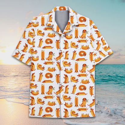 White funny polo shirt with repeating cartoon dachshund and hot dog pattern, front view detailed