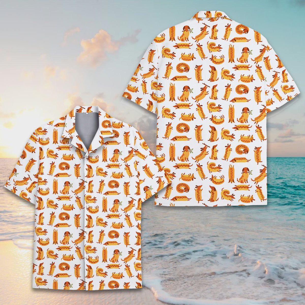 White funny polo shirt with repeating cartoon dachshund and hot dog pattern, front view