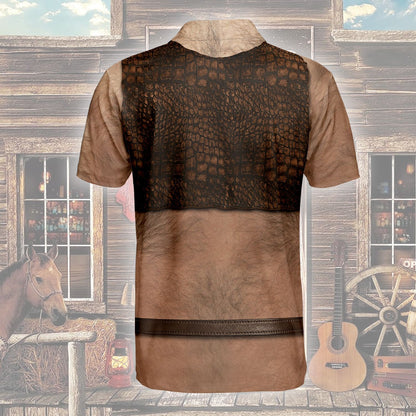 Close-up front view of the printed crocodile vest on the polo shirt