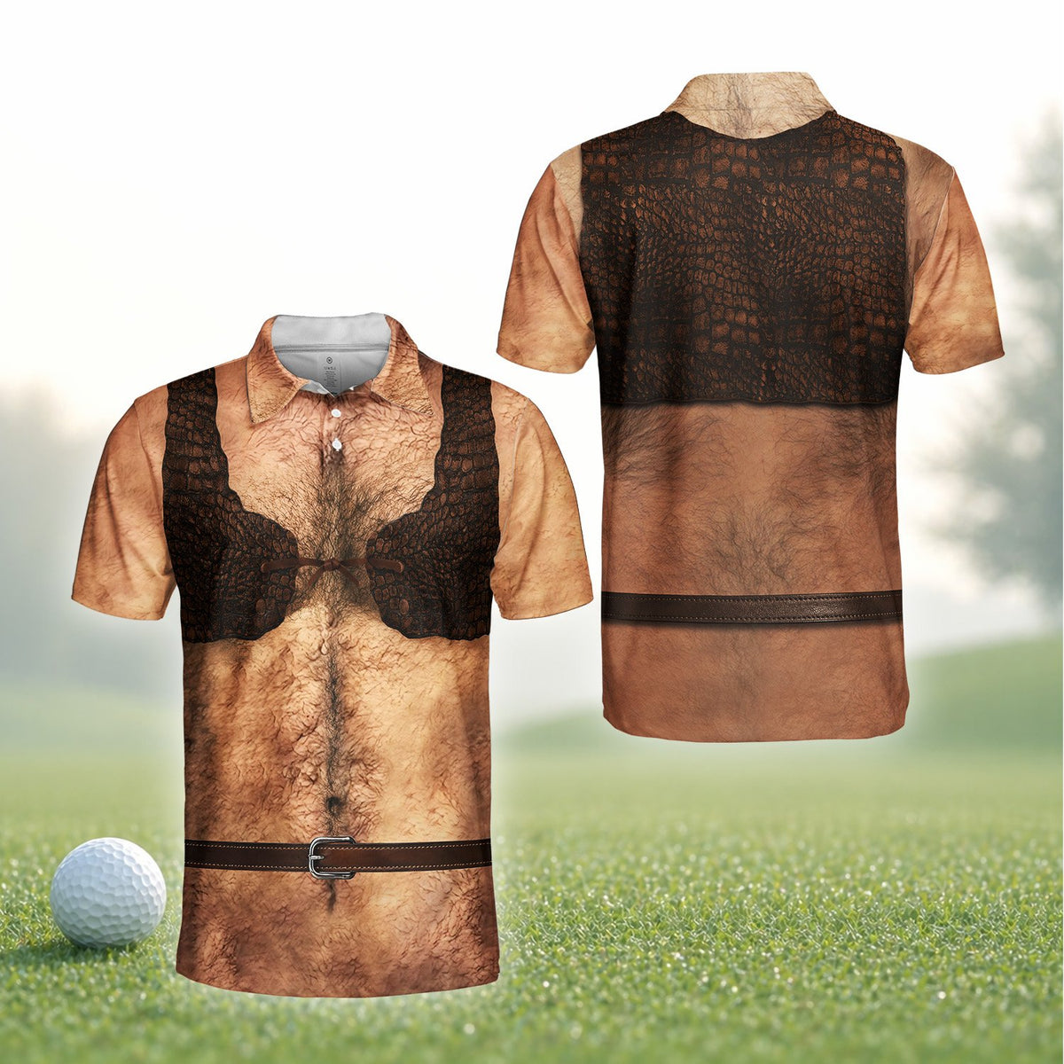 Another front angle of the funny fake chest polo shirt