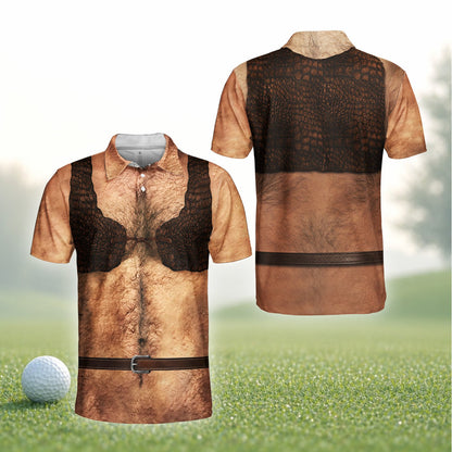 Another front angle of the funny fake chest polo shirt