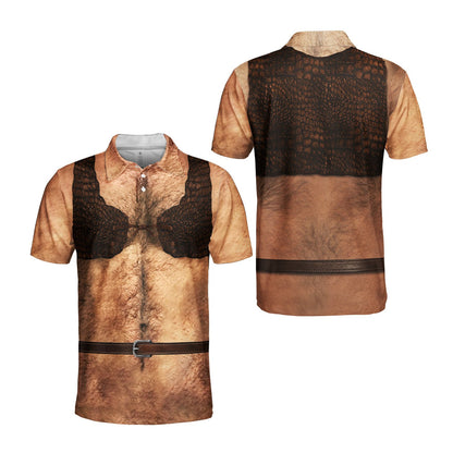 Front side view of the novelty chest print polo shirt