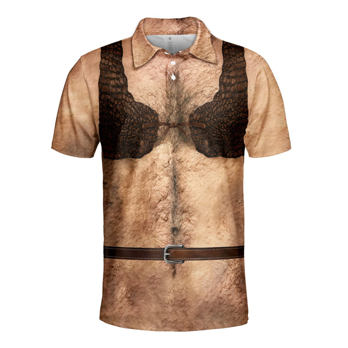 Full front view of the beige and brown fake chest polo shirt