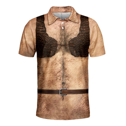 Full front view of the beige and brown fake chest polo shirt