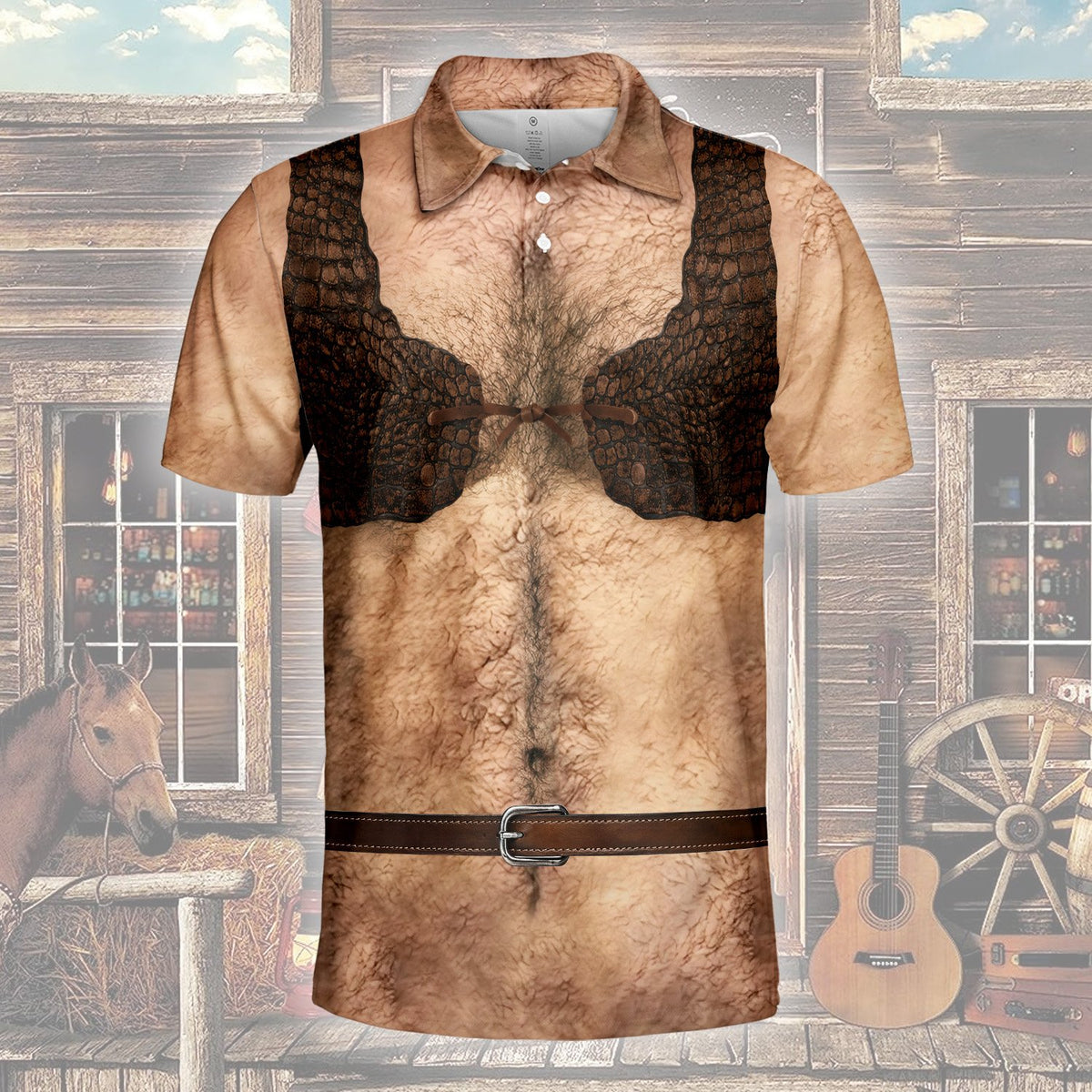 Front view of the funny fake chest polo shirt