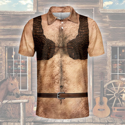 Funny fake chest polo shirt featuring a bare hairy torso and vest design, main view