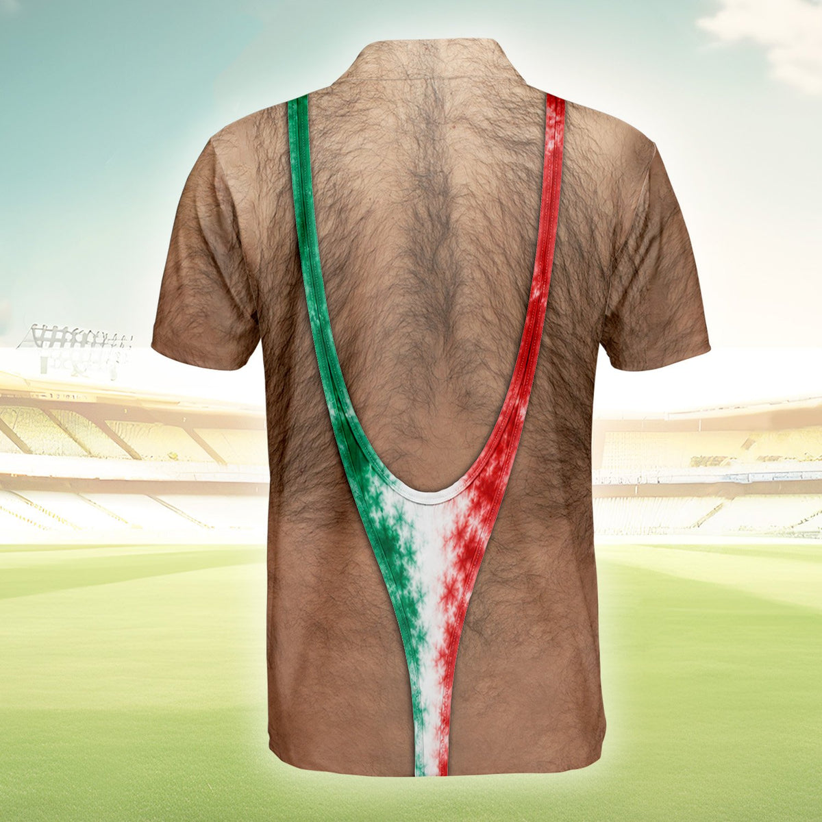 Funny polo shirt with photorealistic hairy torso and mankini, back view 2