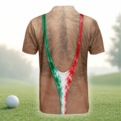 Funny polo shirt with photorealistic hairy torso and mankini, back view