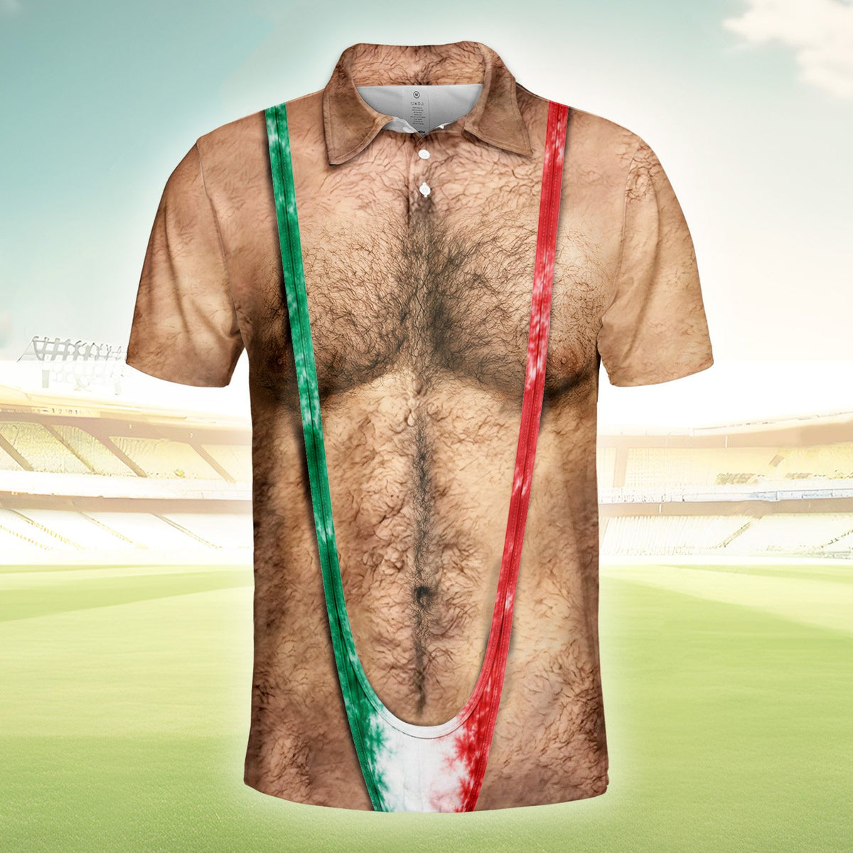 Funny polo shirt with photorealistic hairy torso and mankini, front view 3