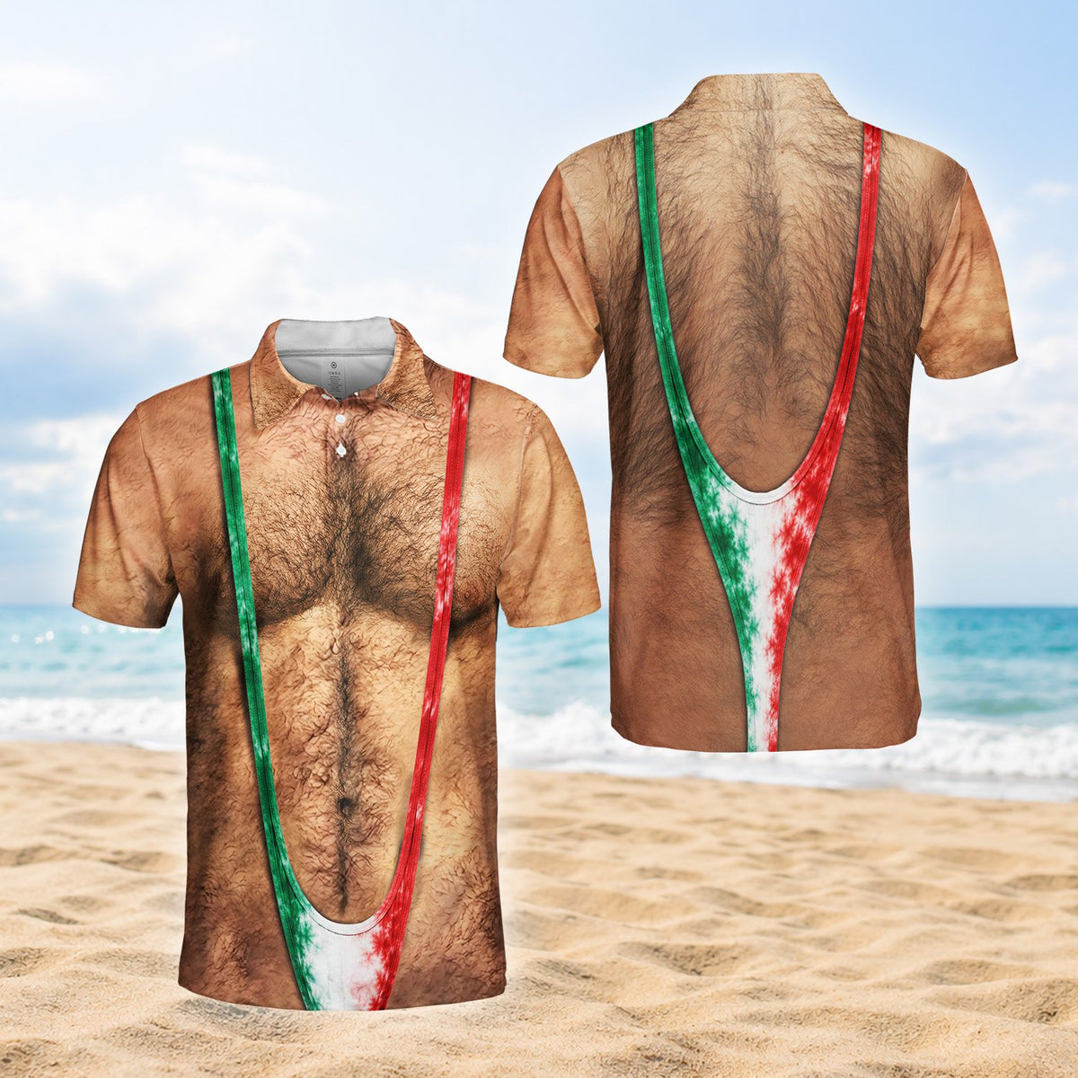 Funny polo shirt with photorealistic hairy torso and mankini, front view 5
