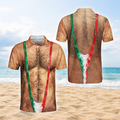 Funny polo shirt with photorealistic hairy torso and mankini, front view 5