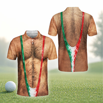 Funny polo shirt with photorealistic hairy torso and mankini, front view 6