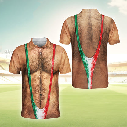 Funny polo shirt with photorealistic hairy torso and mankini, front view 7