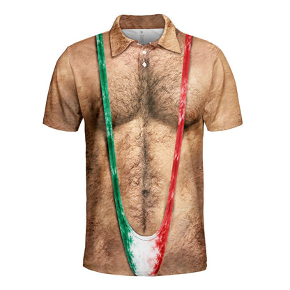 Funny polo shirt with photorealistic hairy torso and mankini, front view