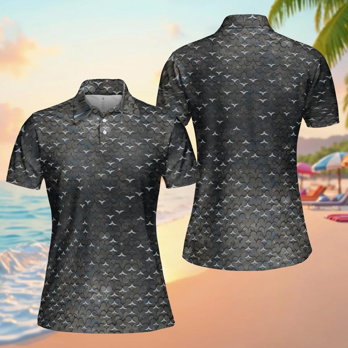 Dark grey geometric polo shirt with white wave crests and sparkles, main view