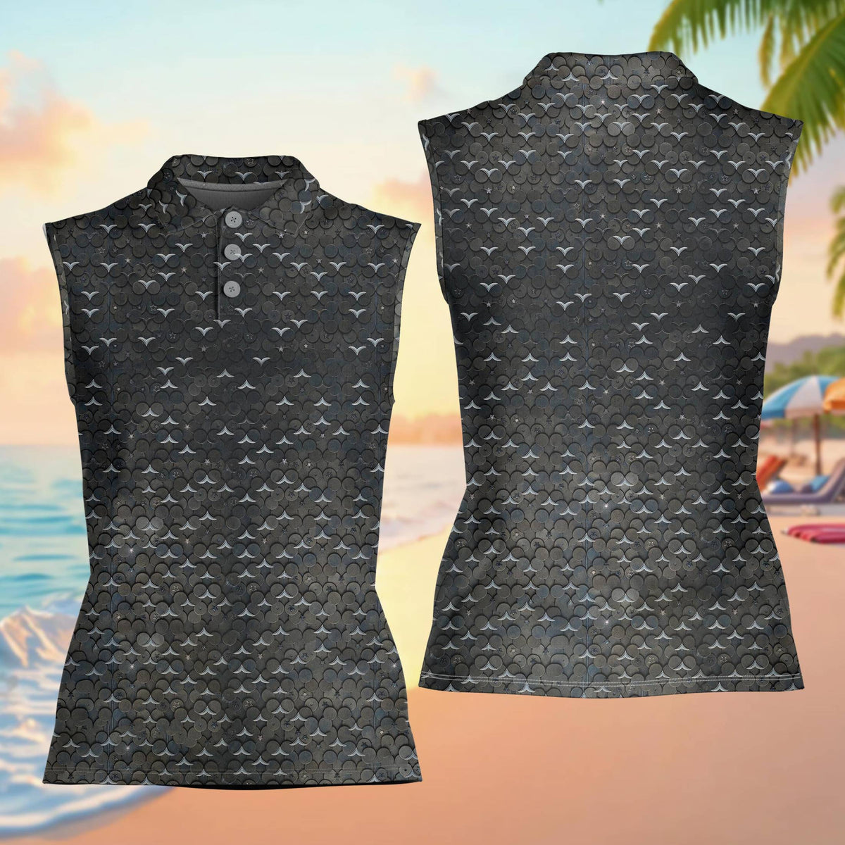 Dark grey and white repeating circle pattern polo shirt, alternate front view