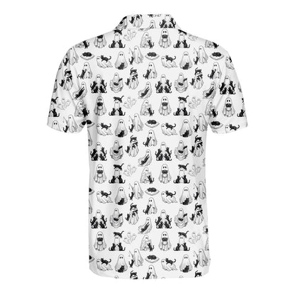 White ghosts polo shirt with black feline pattern, back view
