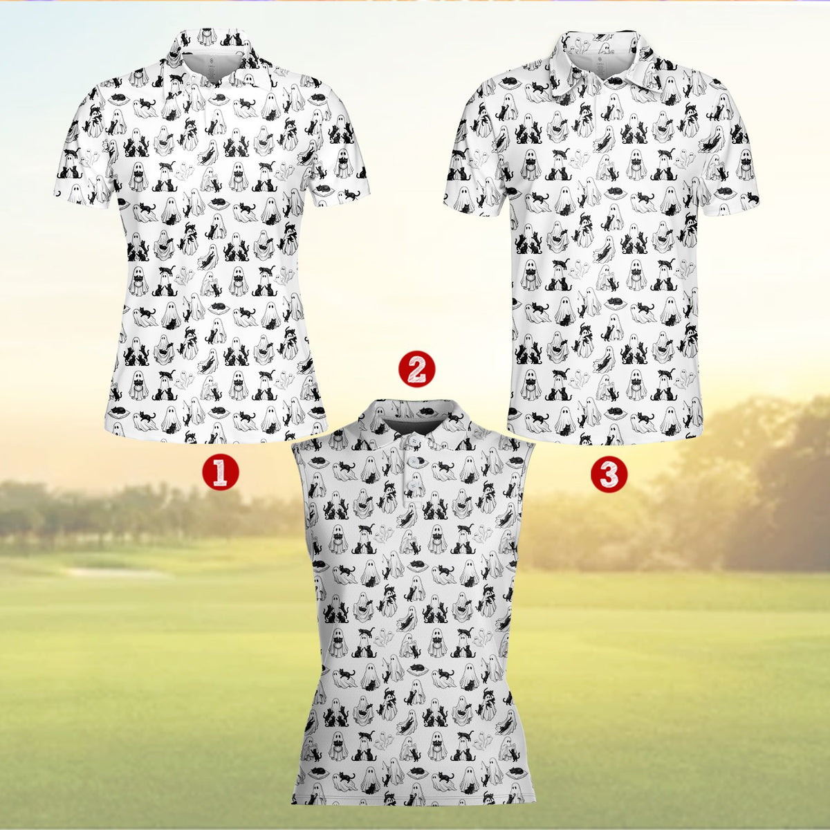 White ghosts polo shirt with black feline pattern, front view 2