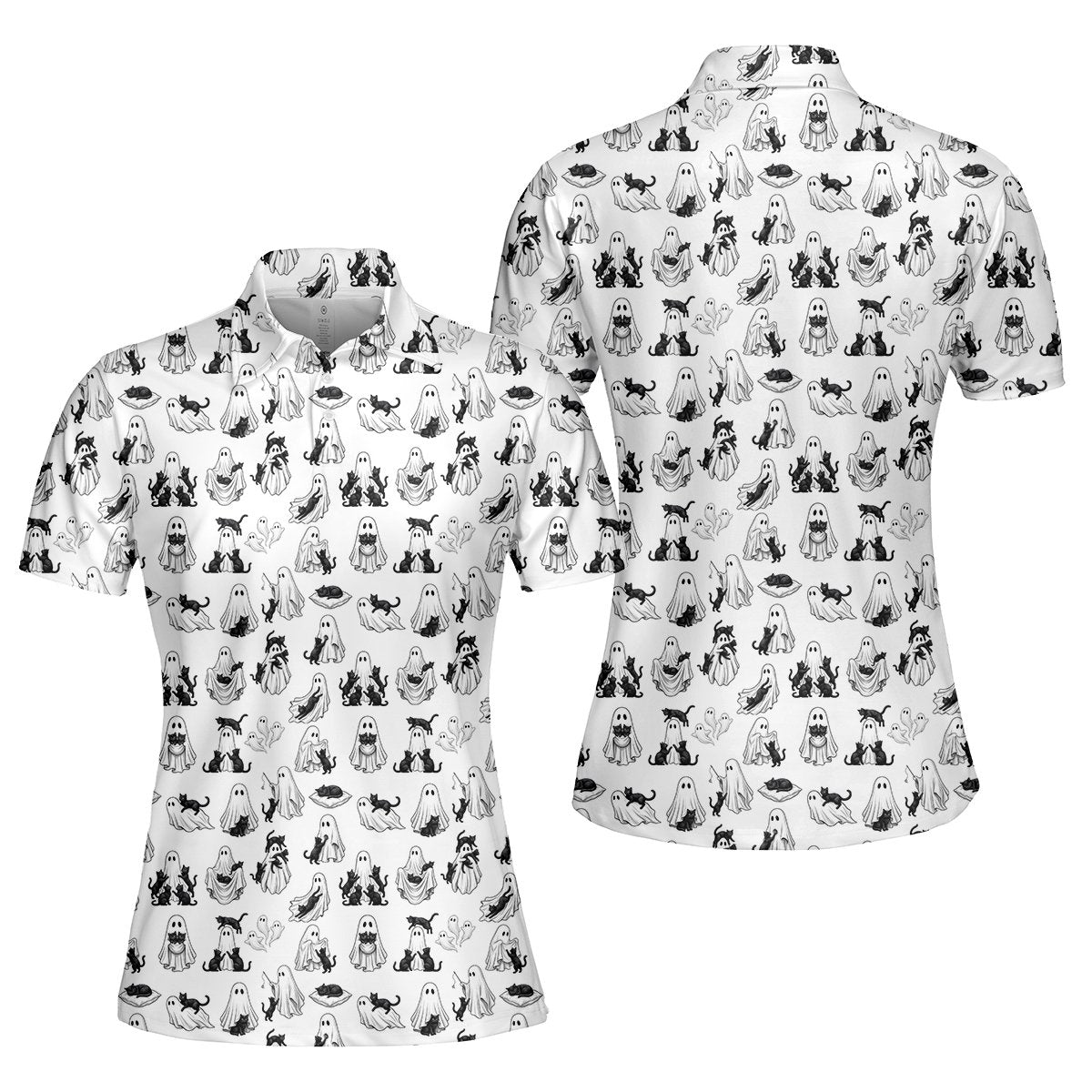 White ghosts polo shirt with black feline pattern, front view 3