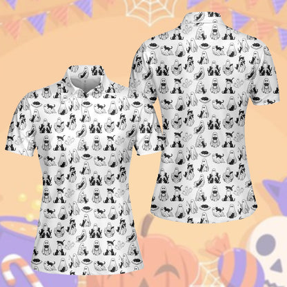 White ghosts polo shirt with black feline pattern, front view 4